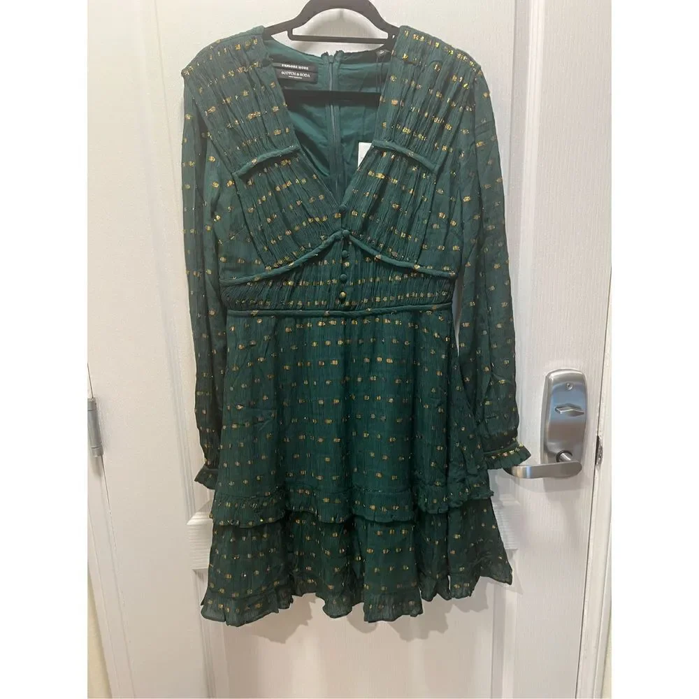 Scotch & Soda Long Sleeved Lurex Jacquard Ruffle Green Dress size M NWT$248 - Picture 6 of 9